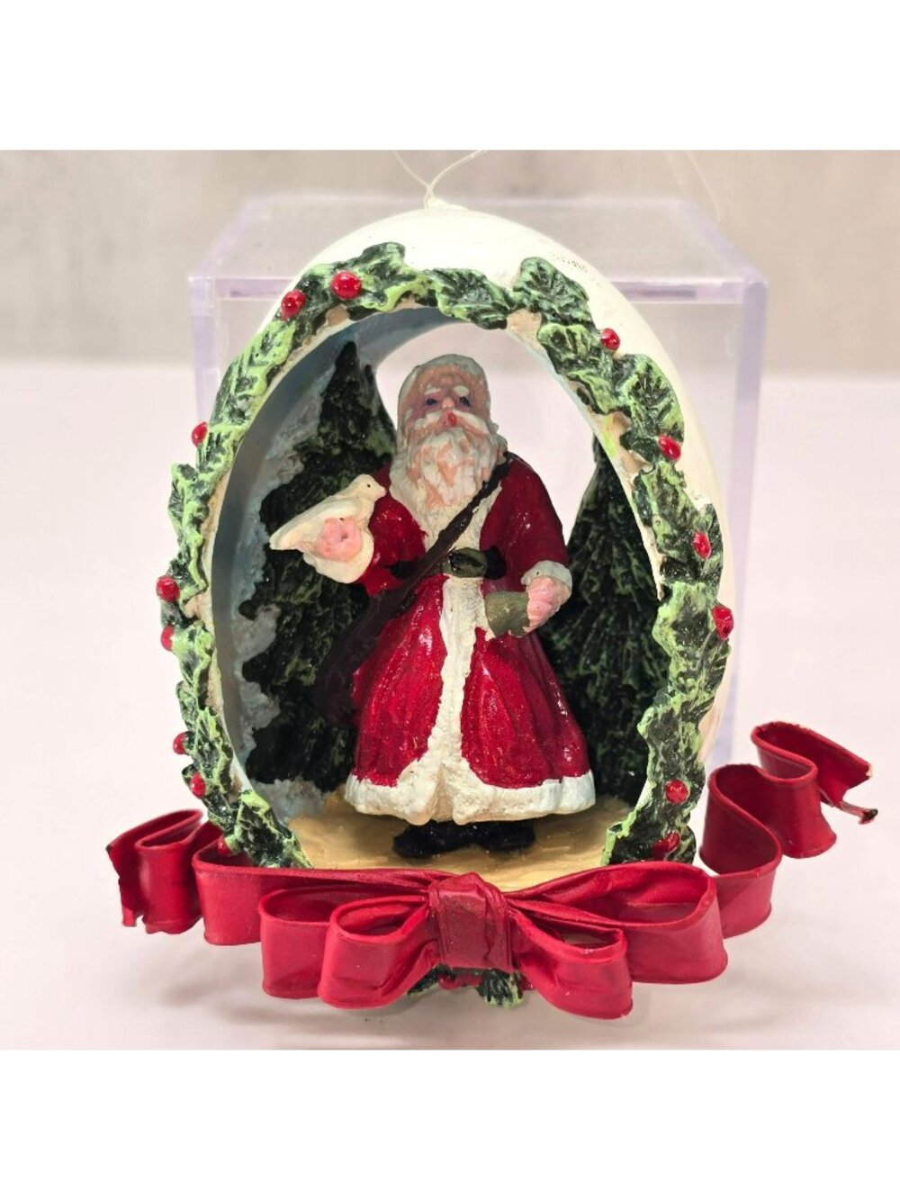 Vintage Santa Claus Egg Ornament Red Bow & Holly Accents CM2284
